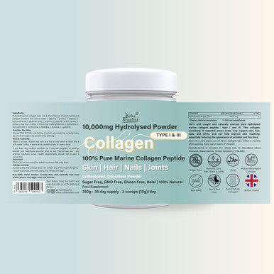 NUTRI BEAUTIES Pure Marine Collagen Peptides Powder 10000Mg | 19 Essential Amino Acids | Unflavoured 350g Hydrolyzed Collagen Supplements for women and men (Type I III) | 35 Day Supply |Halal | skin