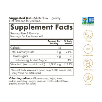Solgar Vitamin C Gummies For Adults 1 000Mg Ultra Potency Vitamin C Immune System Support For Women & Men - Tasty Tart Orange Flavor Vegan & Gluten Free Gummy 2 Month Supply 60 Servings 2G Sugar