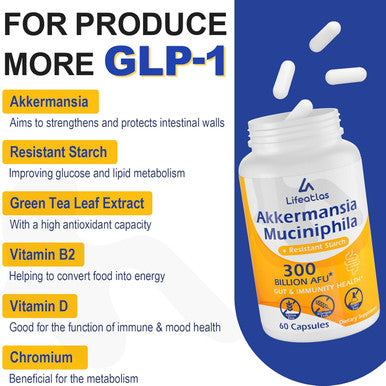 Glp-1 Supplement 300 Billion Afu Akkermansia Muciniphila, Akkermansia Probiotic For Women Men, Akka Superbiotics For Glp-1 Production, Digestive, Gut, Immunity, Enhances Gut Lining Function, 60 Caps