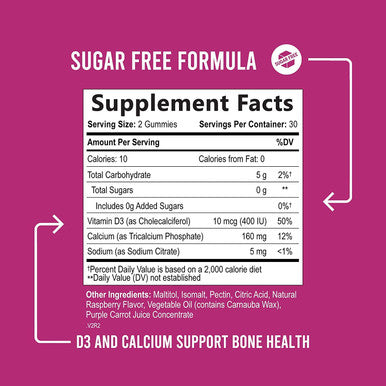 Calcium with Vitamin D3 Sugar Free Gummies - Supports Bone Health & Teeth - Highly Concentrated Calcium & Vitamin D Gummy Chew Supplement - Natural, Non-GMO, & Gluten Free - Women & Men - 60 Gummies