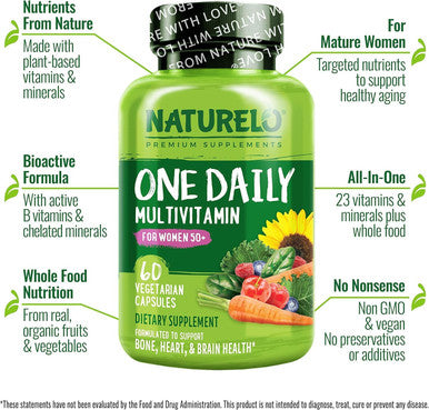 Naturelo One Daily Multivitamin For Women 50+ (Iron Free) - Menopause Support For Women Over 50 - Whole Food Supplement - Non-Gmo - No Soy - 60 Capsules - 2 Month Supply
