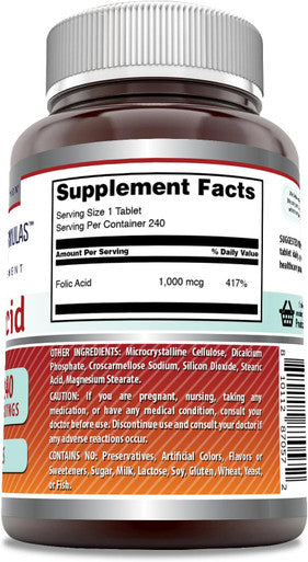 Amazing Nutrition Formulas Folic Acid 1000 mcg (1 mg) Tablets Supplement | Vitamin B9 | Non-GMO | Gluten | Made in USA (240 Count | 3 Pack)