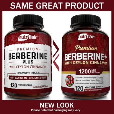 NutriFlair Premium Berberine 1200mg, 120 Capsules - Plus Pure True Ceylon Cinnamon, Berberine HCI Root Supplements Pills - Supports Glucose Metabolism, Immune System, Healthy Weight Management