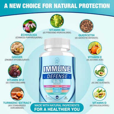 (2 Pack Immune Support Supplement, 10-In-1 Immune Defence With Vitamin C B6 B12 Vit D, Zinc, Echinacea Quercetin Turmeric Black Elderberry Extract Immune Boosters For Adult