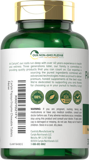 Carlyle Papaya Enzyme Chewable Tablets | Vegetarian Non-GMO Gluten Formula | Tropical Flavor