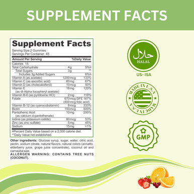 Greenfield Nutritions Halal Multivitamins For Adults 90 Halal Vitamins For Women & Men All Essential Gelatin Halal Gummy Vitamin, Mineral, Folic Acid, Biotin, Gluten Free, Non-Gmo, Vegetarian