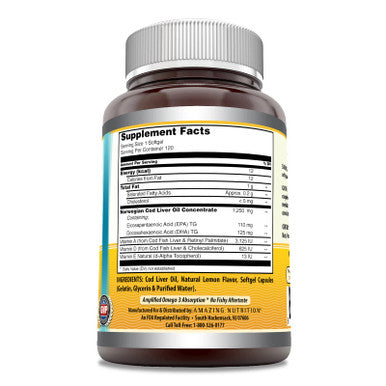 Amazing Norwegian Cod Liver Oil 1250 Mg Supplement (Lemon 120 Count)