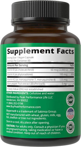 Peak Performance Advanced Vitamin D 2000 Iu With All 3 Types Of Vitamin K Vitamin D3 And Vitamin K2, K1, Mk-7 (Mk7), Mk4 Supplements. 60 Small And Easy To Swallow Vegetable Pills (2000 Iu)