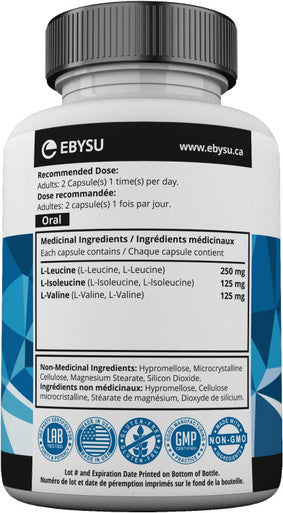 EBYSU BCAA Branched Chain Amino Acid Supplement 2:1:1 L-Leucine, L-Isoleucine, and L-Valine 120 Capsules