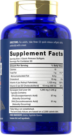 Carlyle Cod Liver Oil Softgels | 1245mg | 250 Count | Norwegian | Non GMO Gluten