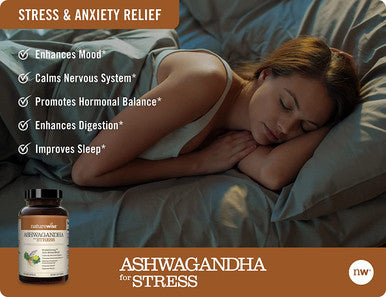 NatureWise Ashwagandha for Stress Adaptation Anxiety Relief Calming KSM66 Herbal Supplement Extract GABA LTheanine Rhodiola Rosea Light Brown 60 Count