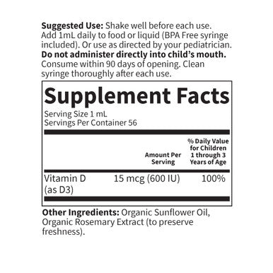 Garden of Life Baby Vitamin D3 Liquid 600 Iu (15 Mcg) Organic Liquid Vitamin D For Infants & Toddlers Support For Baby'S Bones & Immune System Gluten Free & Non-Gmo 56 Ml (1.9 Fl Oz) Liquid