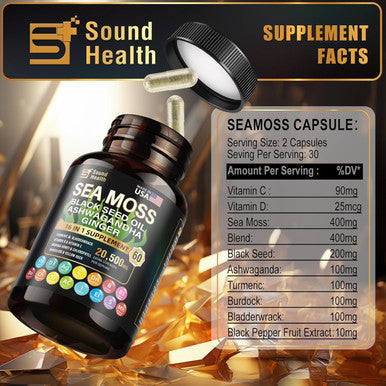 Sea Moss Capsules Featuring 8000mg Sea Moss 4000mg Black Seed Teaming up with 2000mg Ashwagandha Turmeric Burdock and Augmented with Vitamin C and Vitamin D3 60 veggie capsules