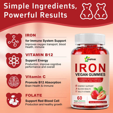 Iron Supplement For Women, Vegan Iron Gummies Gummy 65Mg And 250Mg Vitamin C With Vitamin A, B-Complex, Zinc & Folate For Iron Deficiency, Anemia, Energy Boost, Promote Sleep, Non-Gmo