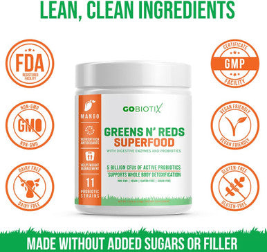 GoBiotix Super Greens Powder N Super Reds Powder NonGMO Vegan Red and Green Superfood Probiotics Enzymes Organic Whole Foods Fruit and Veggie Supplement Mango 30 Servings