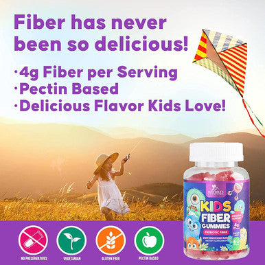 Kids Fiber Gummy Bears - 100% Plant Based Daily Prebiotic - Fiber Gummies for Kids, Supports Digestive Health & Regularity, Vegan Fiber Supplement, Gluten Free, Non-GMO, Berry Flavor - 60 Gummies