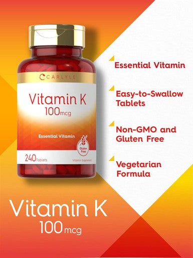 Carlyle Vitamin K 100 mcg | 240 Tablets | Vegetarian Non-GMO Gluten | Vitamin K Supplement