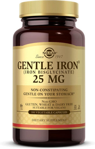 Solgar Gentle Iron (Iron Bisglycinate) 25 Mg - 180 Vegetable Capsules - Non-Constipating, Gentle On Your Stomach - Non-Gmo, Gluten - 180 Servings