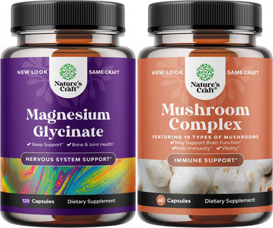Bundle of Magnesium Glycinate Capsules Mineral and Nootropic Brain Focus Mushroom - Immune Support Bone Health Mood Support - 10X Mushroom Blend for Sugar Balance and Mental Focus