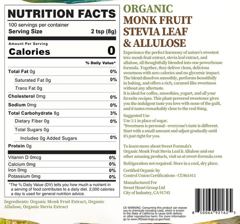 Sweet Formula Zero Calorie Stevia, Monk Fruit and Allulose Sweetener, Organic, Zero Calorie Sugar Substitute, Keto-Friendly, Non-GMO, No Erythritol, Erythritol-Free, Pouch 1.76 lb Pouch