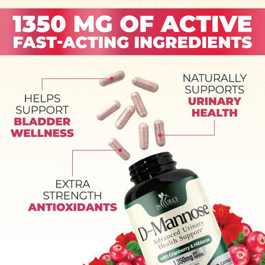 Nature'S Nutrition D-Mannose & Cranberry Extract 1350mg Advanced Formula Fast-Acting Natural Urinary Tract Health Support for Women & Men Flush Impurities in Urinary Tract & Bladder Non-GMO Vegan - 180 Capsules