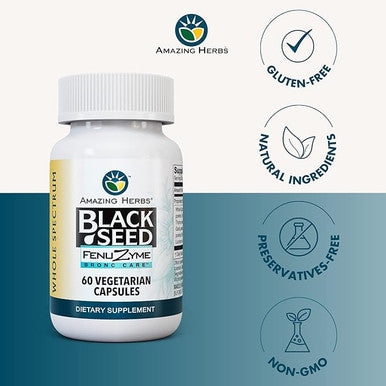 Amazing Herbs Black Seed Fenuzyme Bronc Care - 60 Capsules - Gluten Free -