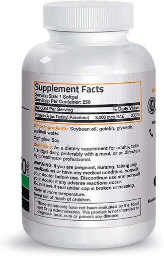 Bronson Vitamin A 10,000 IU Premium Non-GMO Formula, 250 Softgels