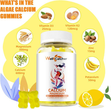 Calcium Magnesium Zinc Gummies For Adults Kids With Potassium Vitamin D3 K2 Sugar Chewable Vegan, Algae Calcium Supplements For Women Men Support Plus Bone Strength Lemon Flavor 120 Counts