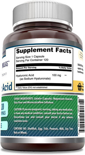 Amazing Nutrition Formulas Hyaluronic Acid 100 Mg Capsules Supplement | Non-GMO | Gluten | Made in USA (1 Pack 120 Count)