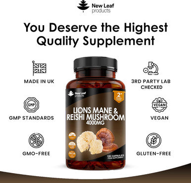 Lions Mane & Reishi Mushroom Capsules - High Strength 4000Mg Lions Mane Supplement With Reishi - 120 Vegan Lions Mane Mushroom Powder + Reishi Mushroom Capsules - Made In Uk By Leaf