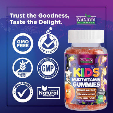 Nature'S Nutrition Kids Multivitamin Gummies - Daily Vitamins for Kids Vitamin C D3 & Zinc for Immune Support Strawberry Flavored Gummies Nature's Toddler & Kid Multi Vitamins Non-GMO Gluten - 120 Gummies