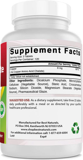 Best Naturals Copper Chelate 6 mg per Serving- 360 Tablets
