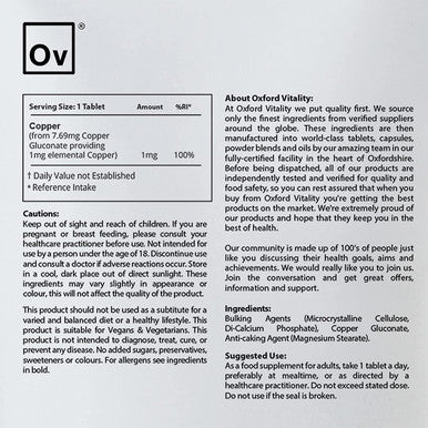Copper Supplements 1mg Tablets for General Health and Well Being Oxford Vitality