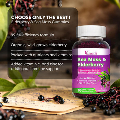 2 Pack Elderberry & Sea Moss Gummies, With Vitamin C, Bladderwrack, Burdock, Echinacea, Immune Support For Women, Men, Adults & Kids, Blueberry Flavor 120Ct