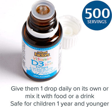 Natural Factors Vitamin D3 Drops 400 IU 10 mcg for Kids Supports Strong Bones and Immune Function 0.5 fl oz 0.5 Oz