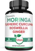 Satoomi 9In1 Moringa Capsules - Featuring Moringa Turmeric Boswellia Ginger Ashwagandha Ceylon Cinnamon And Milk Thistle And Resveratrol | Support Mood Heart & Overall Health - 60 Count