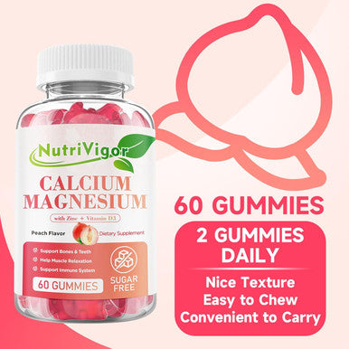 Calcium Gummies 600Mg With Vitamin D3, Calcium Magnesium Zinc Gummies For Bone & Immune Support, Calcium Supplement For Women & Men, Sugar Free, Vegan, Peach Flavor, 120 Count