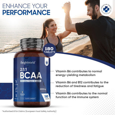 Weightworld BCAA Tablet 2000mg Per Serving - 180 Protein Tablets (3 Months Supply) - 2:1:1 Branched Chain Amino Acids Tablets with Vitamin B12 & B6 - BCAA Powder Alternative - Pre Workout Supplement for Energy