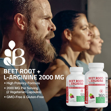 Bronson Beet Root + L-Arginine 2000 MG Nitric Oxide Production- Non-GMO, 120 Vegetarian Capsules (60 Servings)