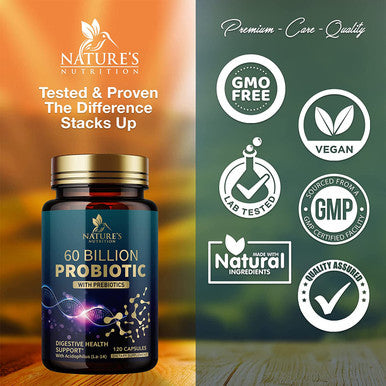 Probiotics 60 Billion CFU - Daily Digestive Health Strains Plus Prebiotic for Men & Women, Immune Health Support for Supports Occasional Constipation, Gas & Bloating, Soy & Gluten Free - 120 Capsules