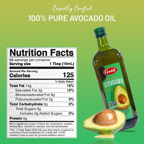 Galil 100% Pure Avocado Oil - High Smoke Point 500Ã‚Â°F Non-GMO, Vegan, Halal Certified - Perfect for Cooking, Baking, SautÃƒÂ©ing, Dressings & Marinades, Rich in Healthy Fats - 1 Liter Glass Bottle