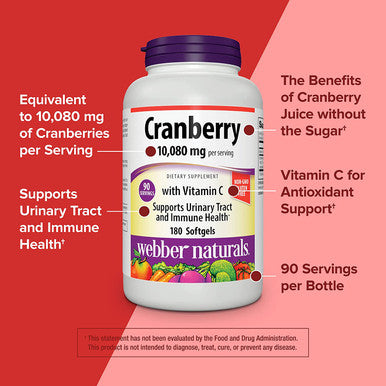 Webber Naturals Cranberry Supplement with Vitamin C 10080 mg of Cranberries and 180 mg of Vitamin C per Serving 180 Softgels NonGMO Gluten Sugar Supports Urinary Tract and Immune Health