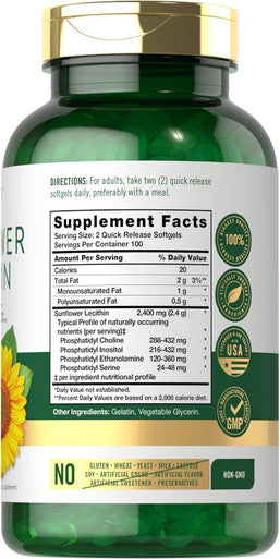 Carlyle Sunflower Lecithin Softgel Capsules | 2400mg | 200 Count | Rich in Phosphatidyl Choline | Non-GMO Soy Gluten Supplement