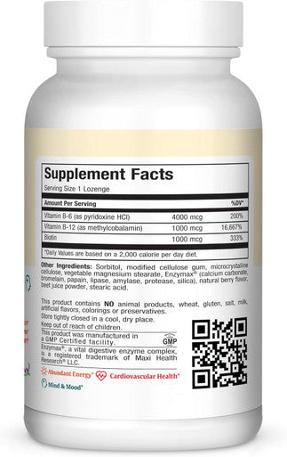 Maxi Health Triple B Lozenges - Vitamin B12 & B6 & Biotin - Strawberry Flavor - 180 Chewies - Kosher