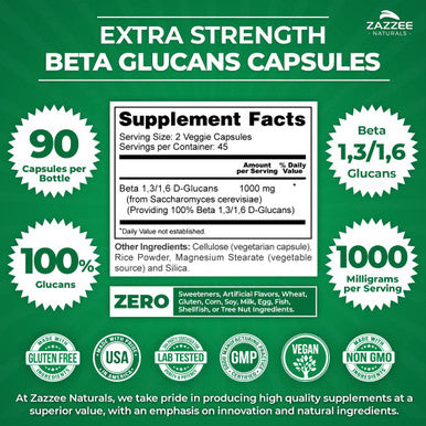 Zazzee Extra Strength 1,3/1,6 Beta Glucans, 1000 Mg, 100% Concentrated, 90 Vegan Capsules, Supports A Healthy Immune System, 100%