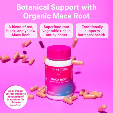 Pink Stork Maca Root Capsules for Women - Fertility Supplements for Women with 1500 mg Organic Maca Root + Black Pepper to Support Hormone Balance & Conception - 60 Capsules Vegan