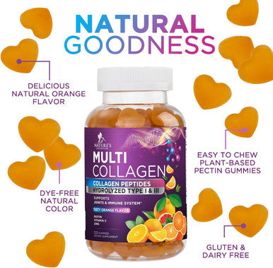 Collagen Gummies With 2500Mcg Biotin, Vitamin C & Zinc - Hydrolyzed Type 1 & 3 Collagen Peptides Supplement - Support For Hair, Skin, Nails & Joints - Gluten - Orange Flavored Gummy - 120 Count