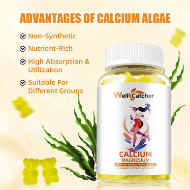 Calcium Magnesium Zinc Gummies For Adults Kids With Potassium Vitamin D3 K2 Sugar Chewable Vegan, Algae Calcium Supplements For Women Men Support Plus Bone Strength Lemon Flavor 120 Counts