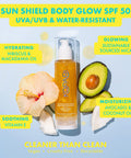 Kopari Sun Shield Body Glow SPF 50 UV Protection Sheer Mineral Sunscreen Gold Shimmer Mica Sweat and Water Resistant Antioxidant Vitamin E