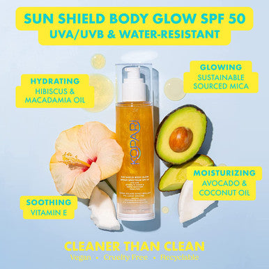 Kopari Sun Shield Body Glow SPF 50 UV Protection Sheer Mineral Sunscreen Gold Shimmer Mica Sweat and Water Resistant Antioxidant Vitamin E
